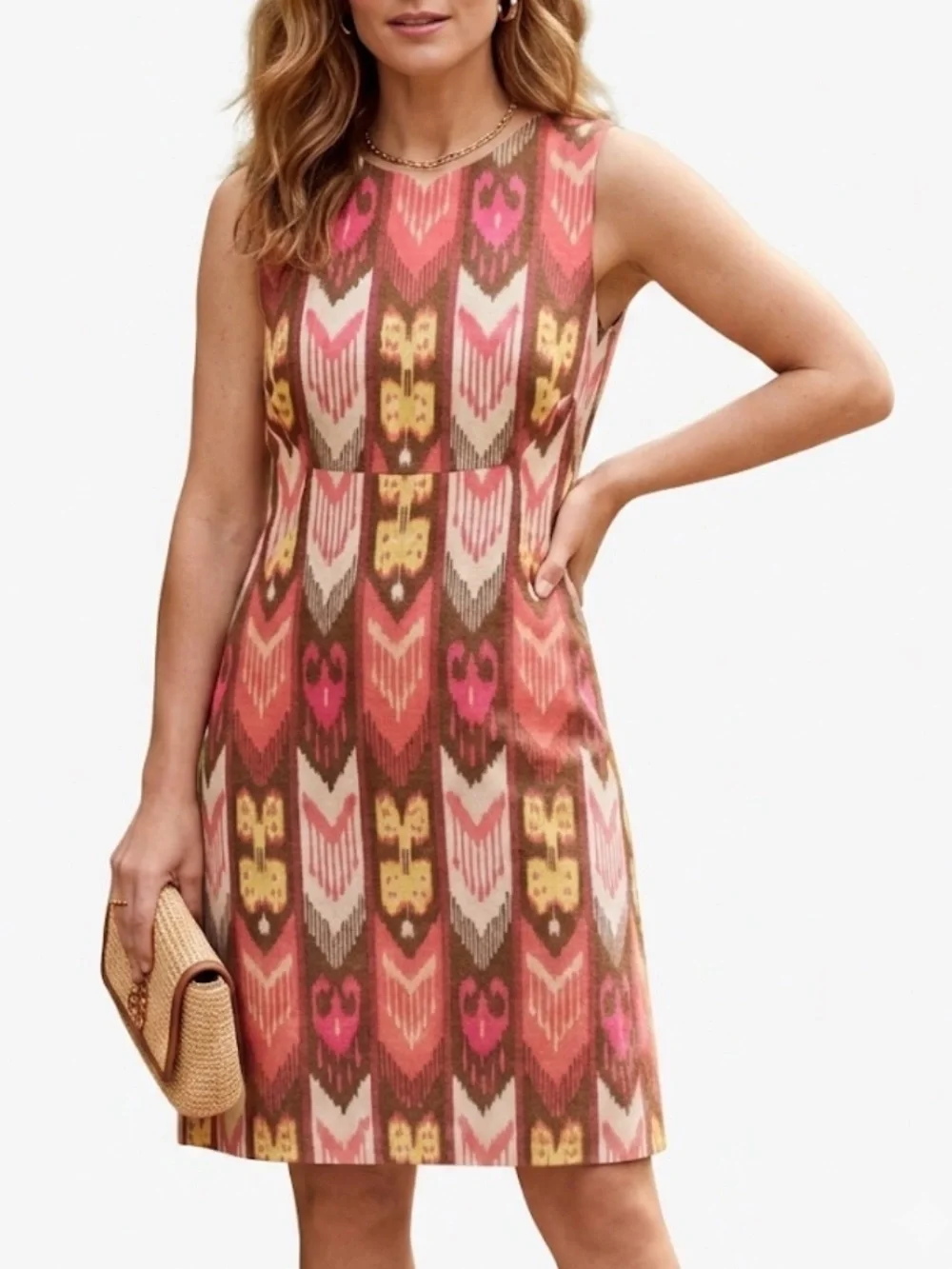 Tory Burch Linen Sleeveless Sheath Dress Ikat Print Gold Thread Size 4 Office